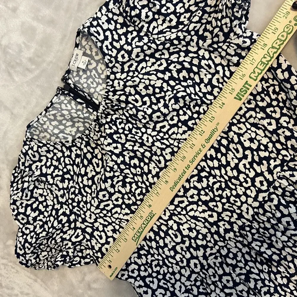J Crew Midi Dress Womens Medium Blue White Leopard Print Puff Sleeve Tiered Boho